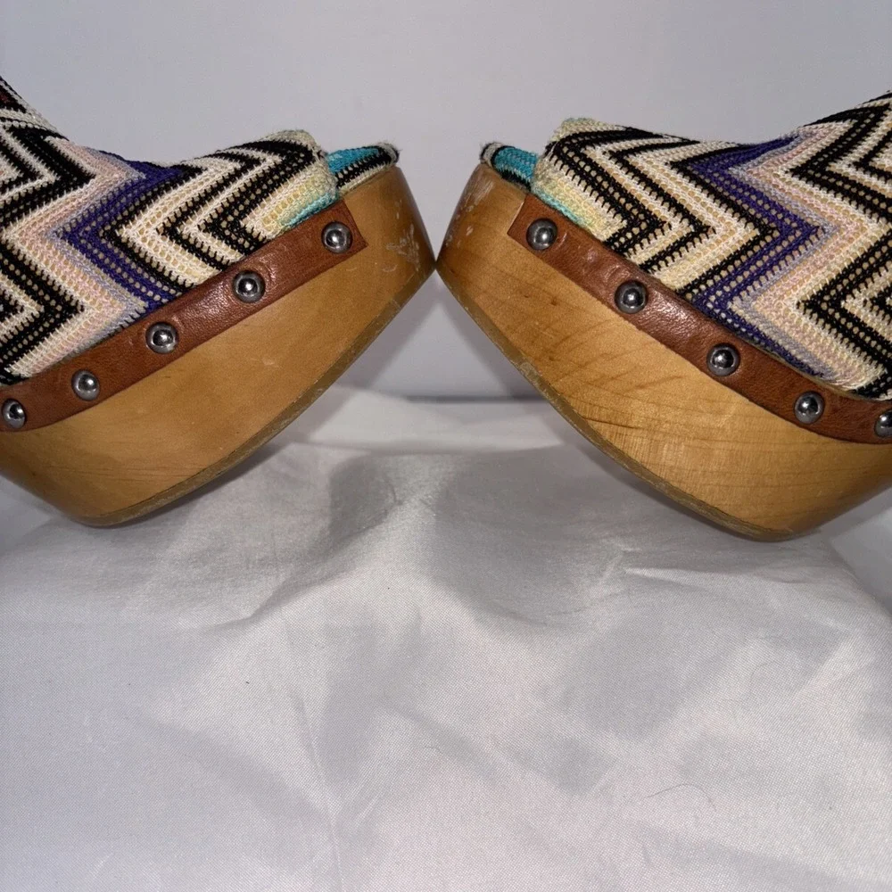 Missoni Multicolor Chevron Knit Fabric Wood Platform PEEP TOE Clogs Size 38 Rare
